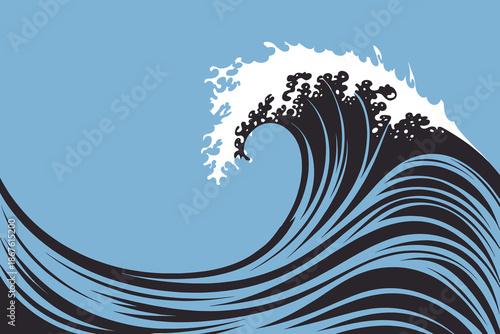 Great ocean wave cresting in blue background nature seascape vector illustration