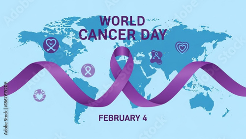 World cancer day february 4 purple ribbon awareness symbols on global map with cancer awareness