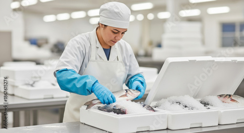 Fish packed in styrofoam boxes on white ice for seafood distribution