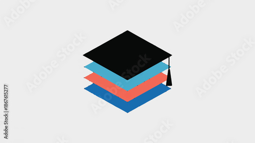 Graduation cap on stacked chevron shapes in blue red and teal colors