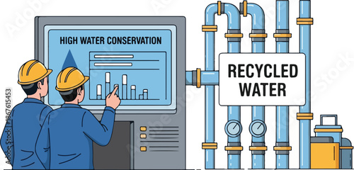Engineers Analyzing Water Conservation Data and Recycled Water System.