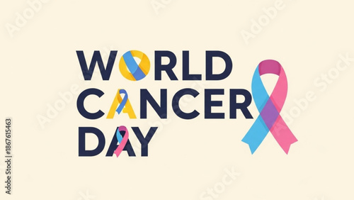 World cancer day awareness campaign with colorful ribbon symbol on beige background
