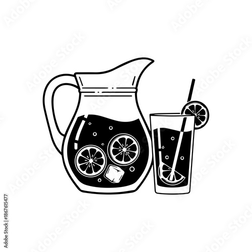 Pitcher of lemonade with glass isolated on transparent background, Vector