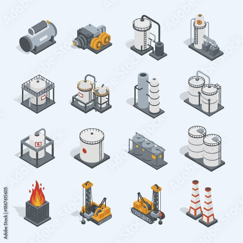 Industrial Equipment and Machinery Icons Set.
