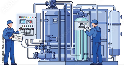 Industrial water treatment plant with engineers operating machinery.