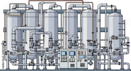 Industrial water treatment plant with multiple tanks and complex piping system.