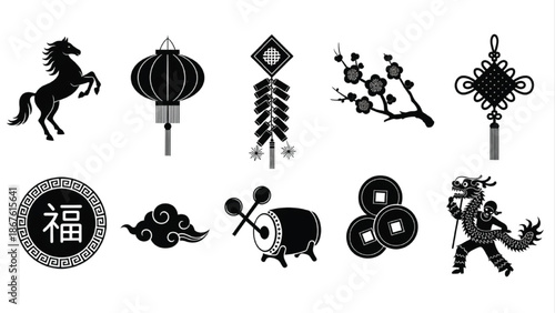 Chinese New Year Lunar Festival Silhouette Icons Traditional Asian Symbols Set