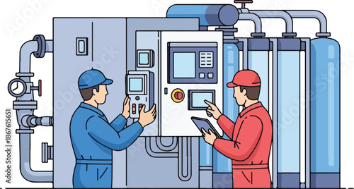 Industrial workers operating and maintaining a complex machinery system.