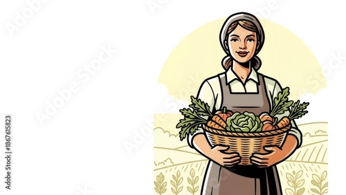 Woman farmer holding a basket of fresh organic vegetables, representing agriculture, harvest, and healthy eating for local production.