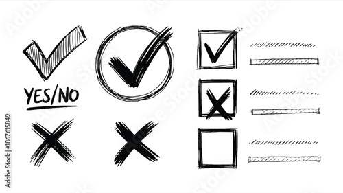 hand drawn checkmark and checkbox icons for yes no choices  various options