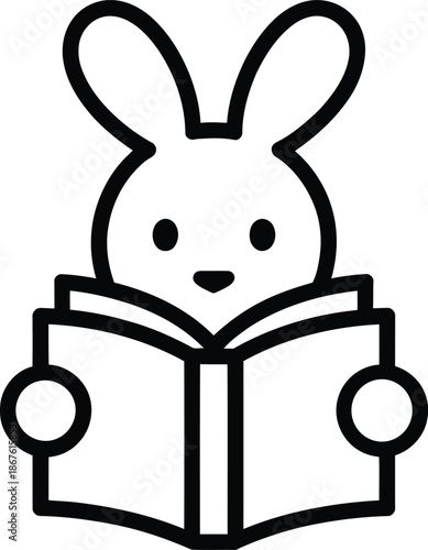 A simple line icon featuring a cute cartoon rabbit reading an open book
