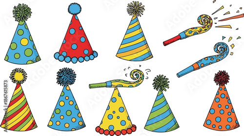 Vibrant party hats and noisemakers ready for a festive celebration