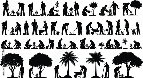 Gardening activity silhouettes collection, people planting watering trees, eco friendly lifestyle, teamwork nature care, sustainability growth concept illustration