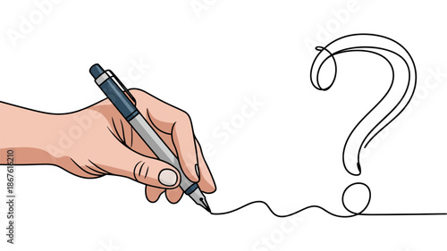 A hand holding a pen drawing a continuous line that forms a large question mark