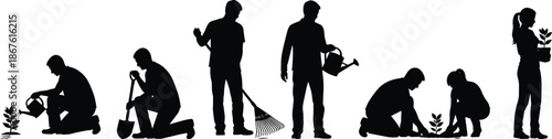 Gardening silhouette people, planting watering plants, eco lifestyle activity, teamwork growth, sustainability nature care, outdoor work illustration, environmental concept