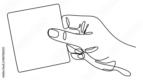 Minimalist continuous line art drawing of a hand holding a blank square card