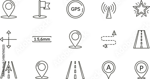 Collection of simple line icons representing navigation, location, and travel elements.