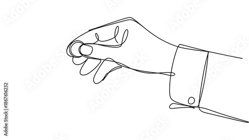 Elegant continuous line art drawing of a human hand delicately holding a coin