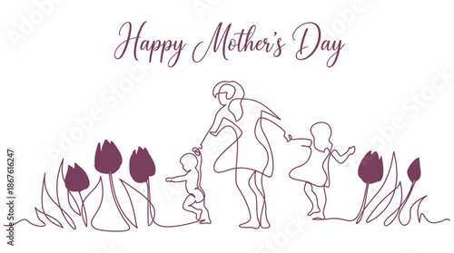 Happy mother's day line art illustration of a mother with her two children surrounded by tulips