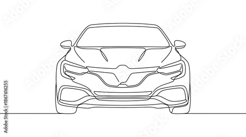 Continuous line drawing of a modern car's front view, showcasing minimalist automotive design