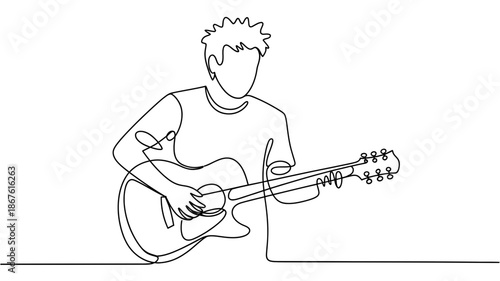 A captivating continuous line art drawing of a musician playing an acoustic guitar