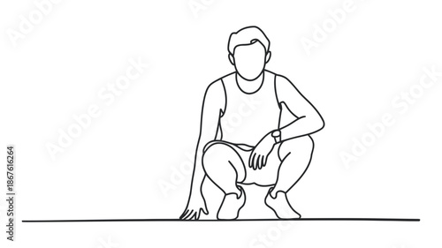 A man in a tank top and shorts performing a deep squat exercise with hands on the ground