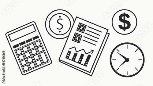 “Tax calculation icon set, black line SVG, professional finance symbols”