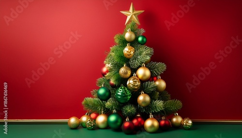 Arbol De Navidad Decorado Con Adornos De Color Dorado Y Verde Sobre Fondo De Color Rojo