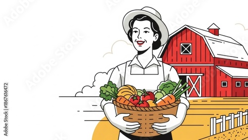 Smiling woman farmer holding harvest basket with fresh farm vegetables in front of a red barn. Organic farming and agriculture concept for healthy food.