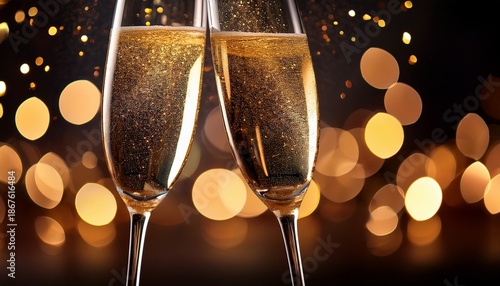 Champagne Glasses Clinking With Golden Sparkles And Bokeh Lights