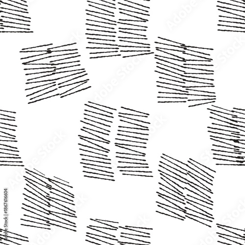 Seamless abstract geometric pattern. Simple background with black, white texture. Digital brush strokes. Lines, squares, grid. Design for textile fabrics, wrapping paper, background, wallpaper, cover.