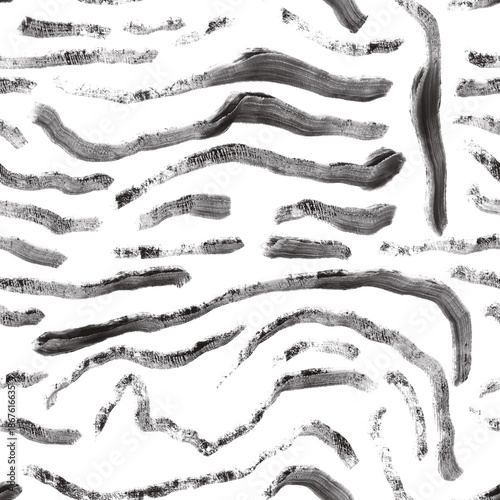 Seamless abstract geometric pattern. Background in black, grey, white. Illustration. Lines, curves. Design for textile fabrics, wrapping paper, background, wallpaper, cover.