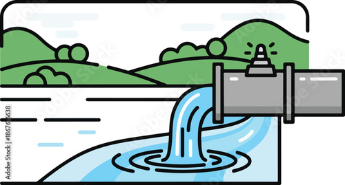 Water pipe discharging into a river with green hills in the background.