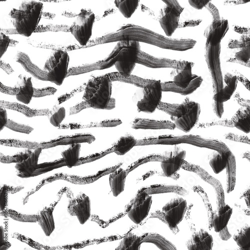 Seamless abstract geometric pattern. Background in black, grey, white. Illustration. Lines, curves, stains. Design for textile fabrics, wrapping paper, background, wallpaper, cover.