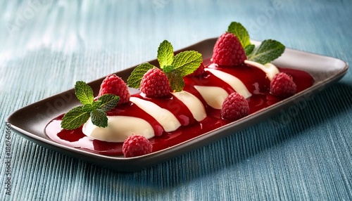 Creamy Dessert With Raspberry Sauce And Fresh Mint