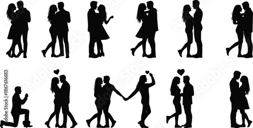 Romantic couple silhouettes collection, love relationship moments, hugging kissing proposal poses, dating passion, valentine romance concept, black white illustration