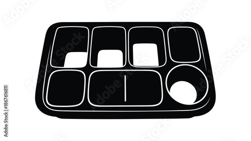 Black silhouette of a desk organizer tray with white outlines on a isolated on white background