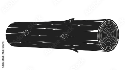 Black silhouette of a rolled up log with branches and knots on a isolated on white background