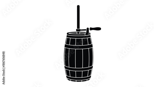 Black silhouette of a manual wine press barrel isolated on white background