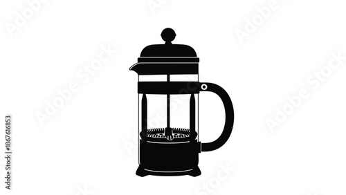 Black silhouette of a French press coffee maker isolated on white background