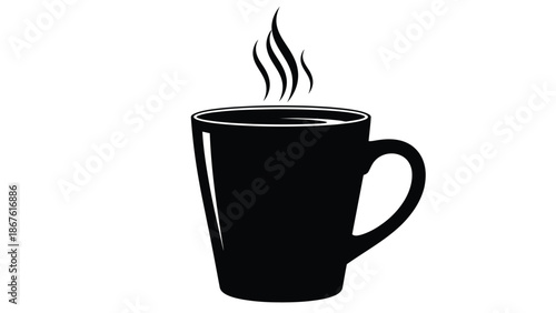 Black silhouette of a steaming hot coffee mug isolated on white background