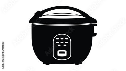 Black silhouette of a rice cooker with handle and control panel isolated on white background
