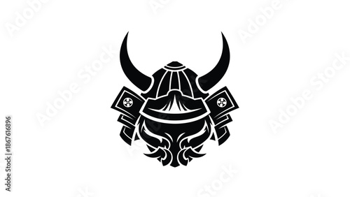 Minimalist black samurai helmet logo symbol with horns and face guard isolated on white background