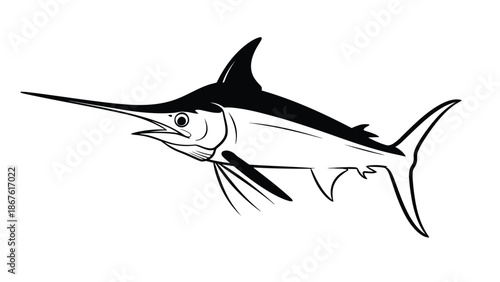 Black silhouette of a marlin fish swimming isolated on white background