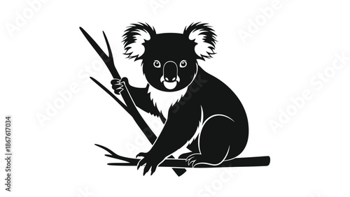 Black silhouette koala sitting on branch isolated on white background