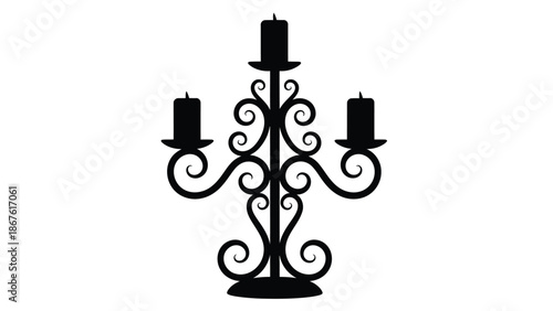 Black silhouette of a three-armed candelabra with curly metalwork isolated on white background