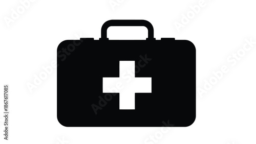 Black silhouette of a first aid kit with a white cross on a isolated on white background