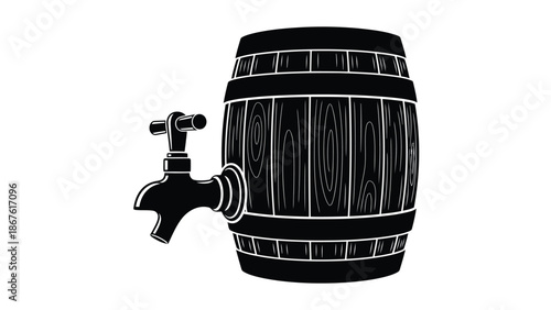 Black silhouette of a wooden barrel with a tap isolated on white background