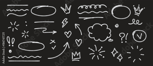 Hand drawn simple doodle elements. Grunge underlines, icons, emphasis, speech bubbles, arrows and shapes collection. Vector illustration.