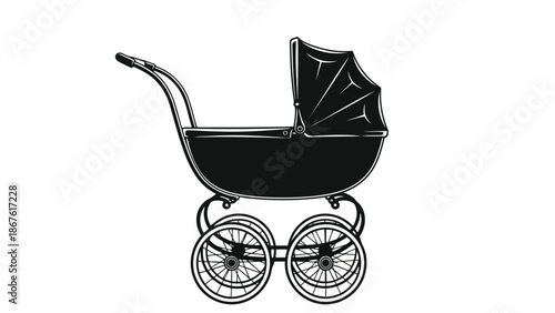 Black silhouette baby pram stroller isolated on white background